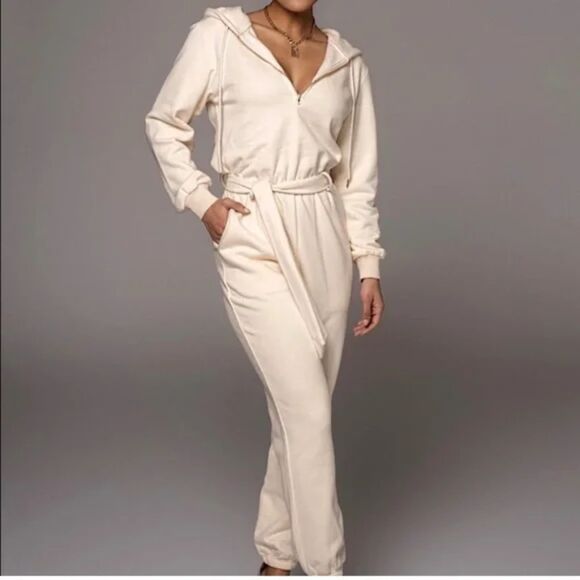 NWT JLUXLABEL Ivory Beige 100% Cotton Fleece Journey Jumpsuit Size Small - Picture 2 of 12